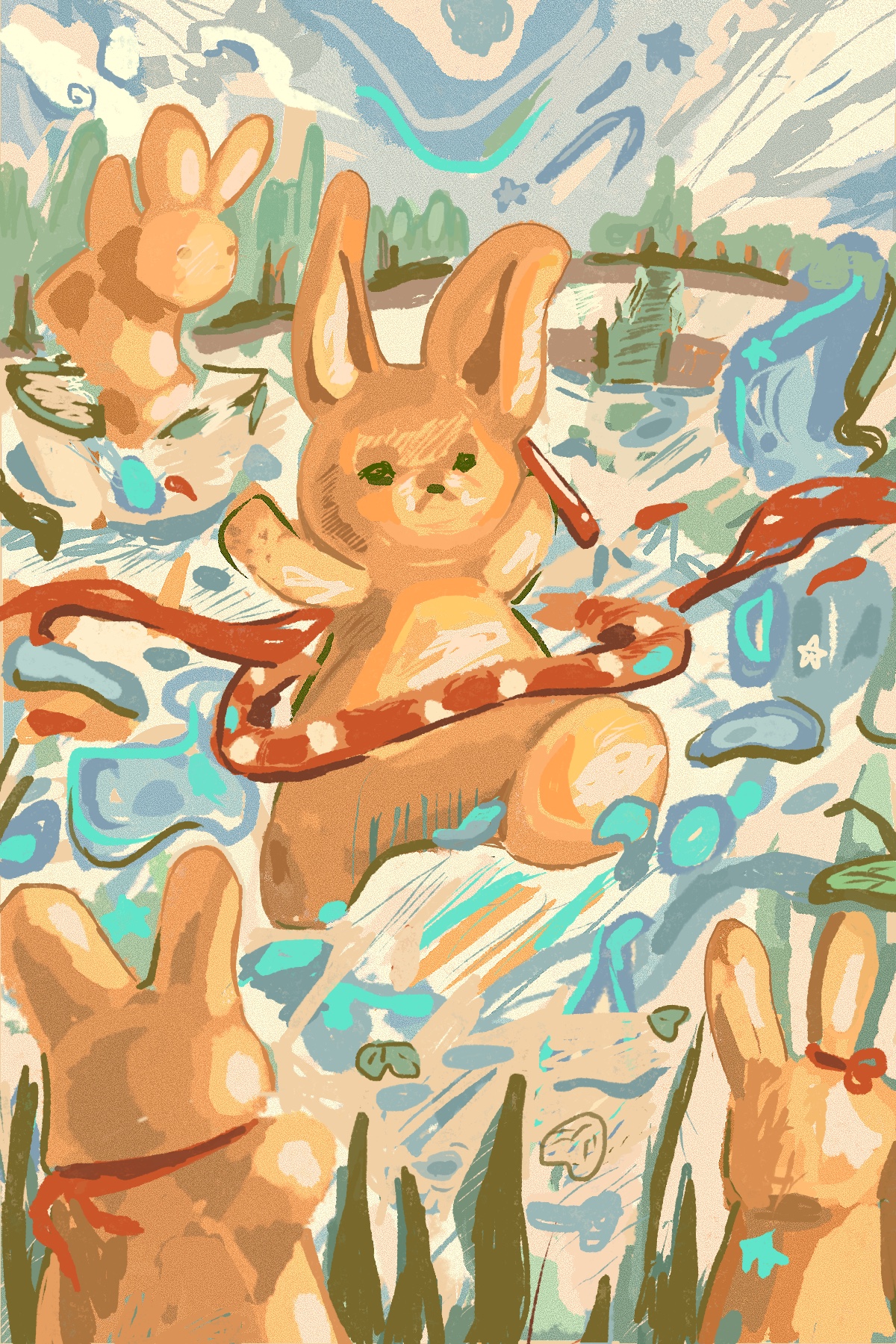 Illustration of playful rabbit characters in an energetic blue and orange landscape