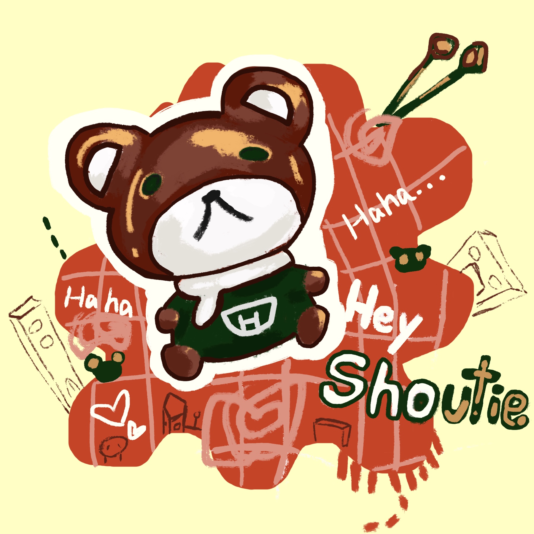 Illustrated bear character in a red and green graphic composition