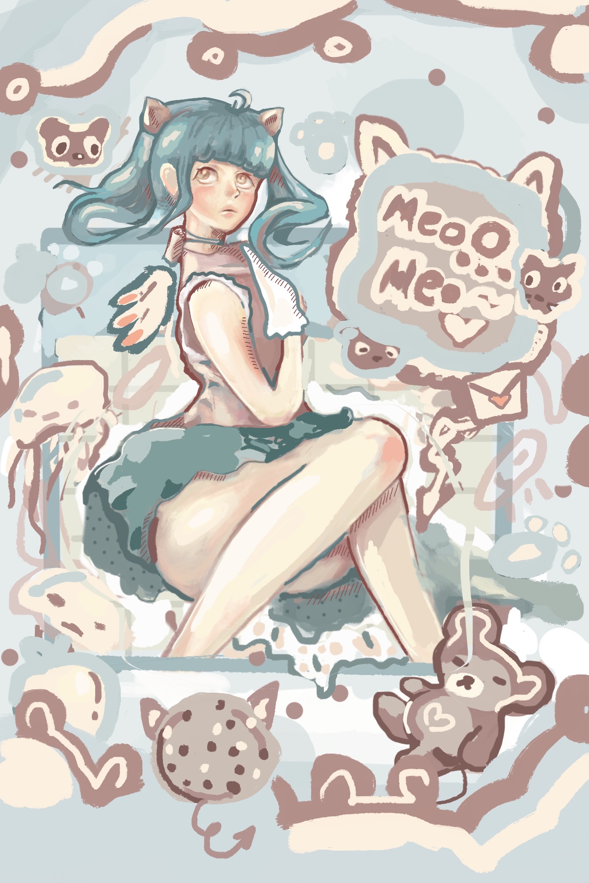 Blue-toned character illustration with cat motifs and layered doodles