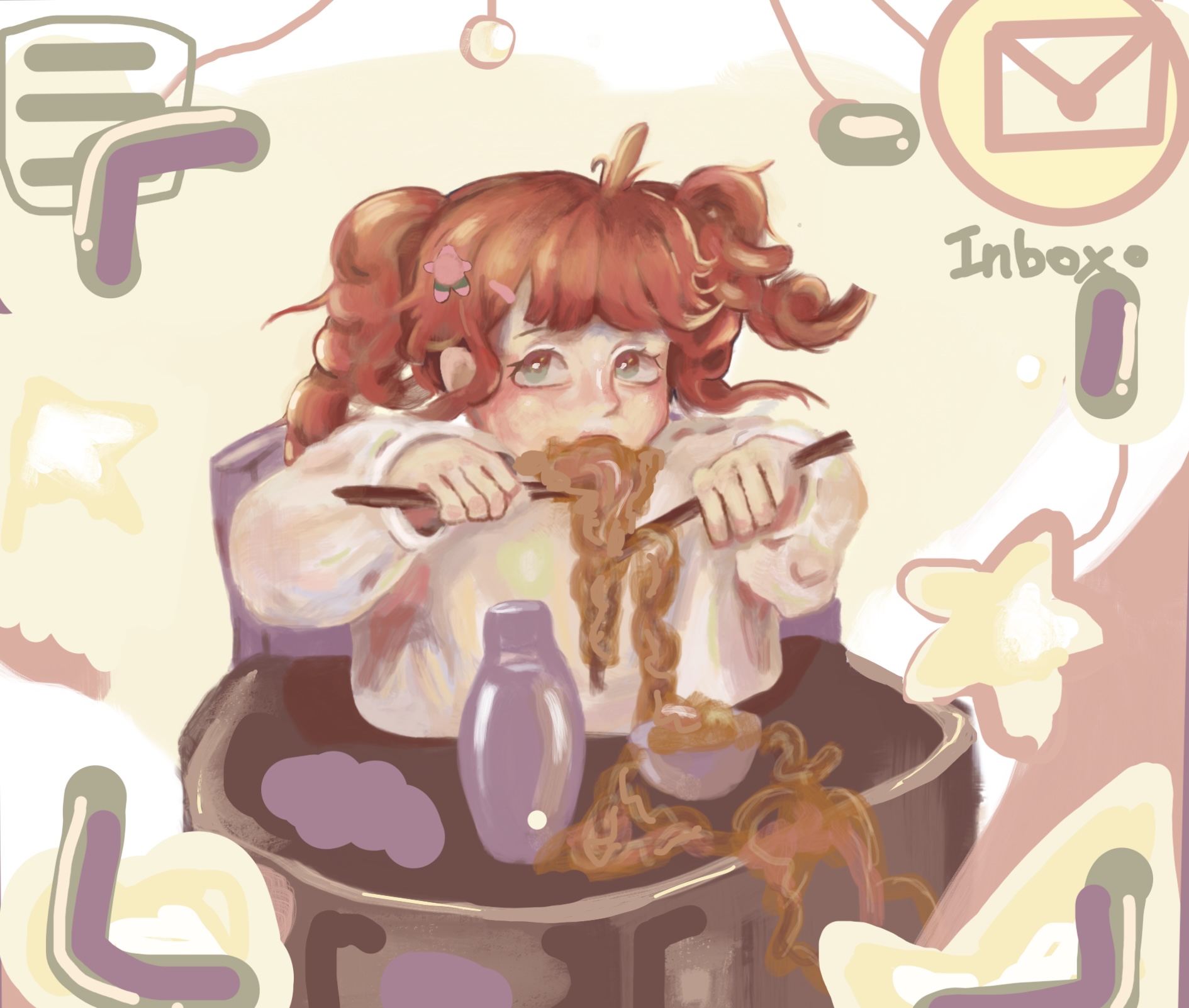 Editorial illustration of a red-haired character eating noodles beside inbox icons