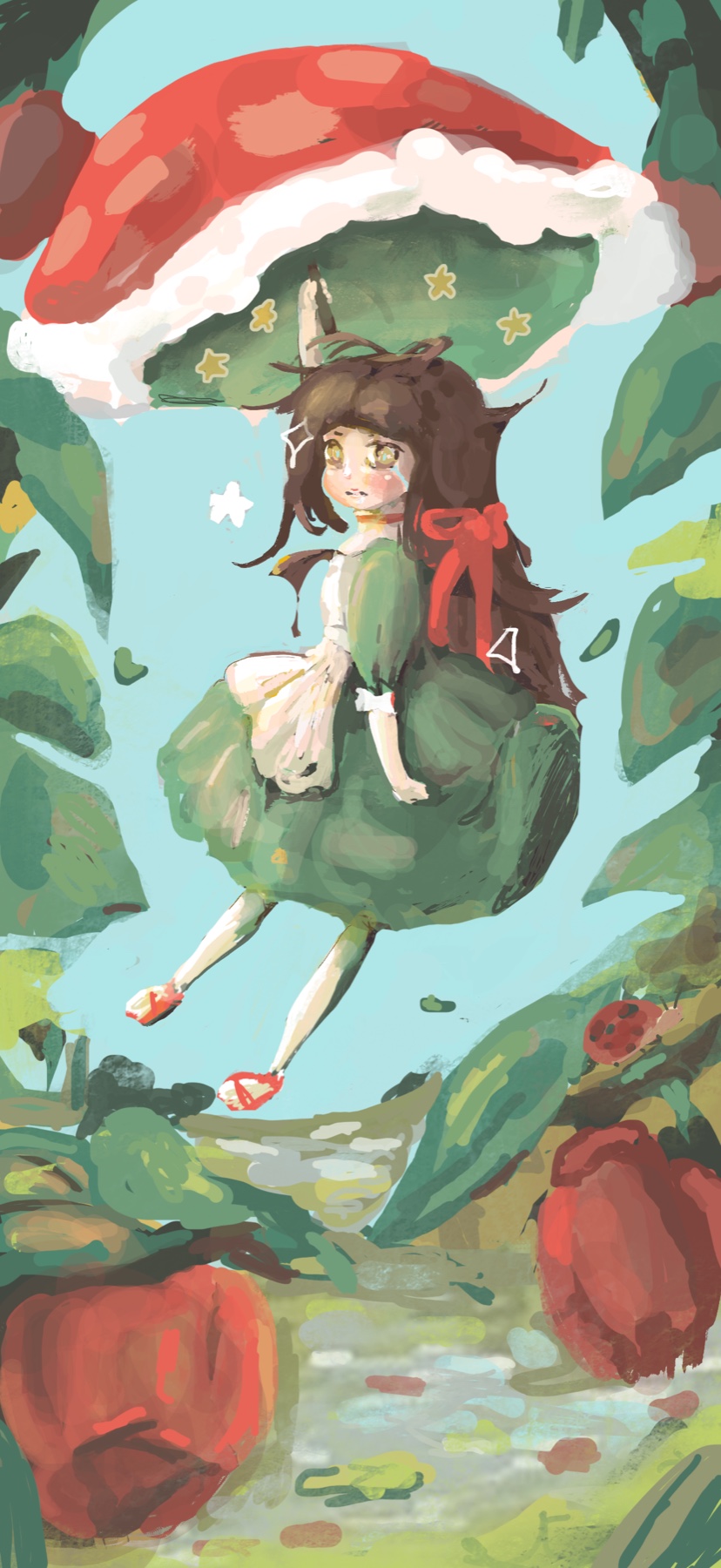Fantasy illustration of a character riding beneath a large red mushroom