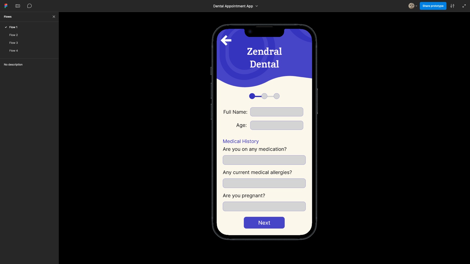 Dental appointment booking interface screens