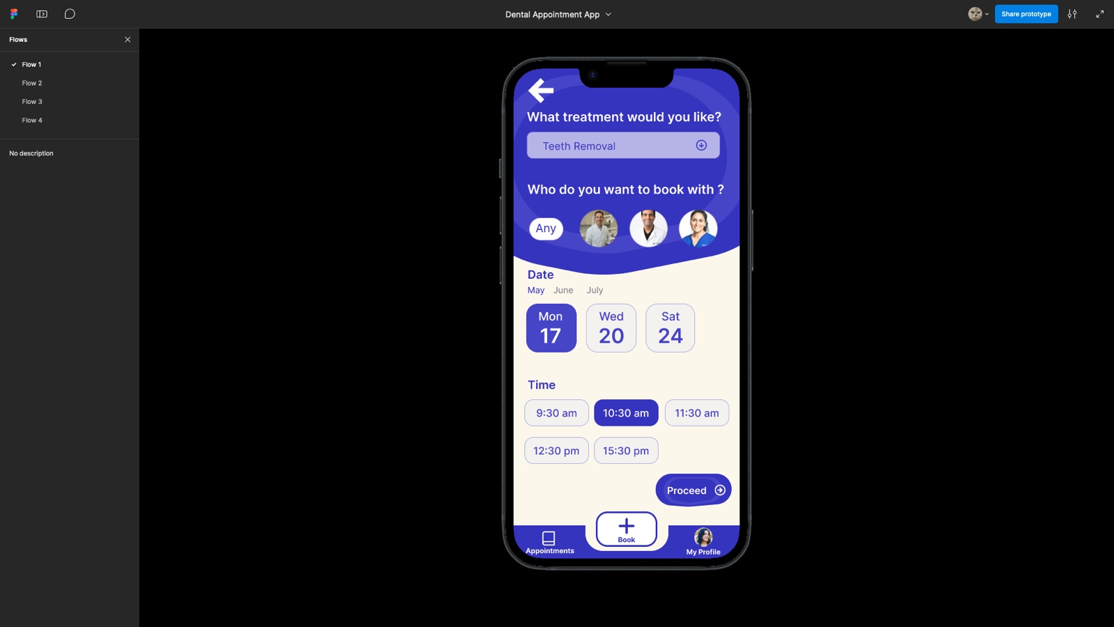 Dental appointment account and settings interface