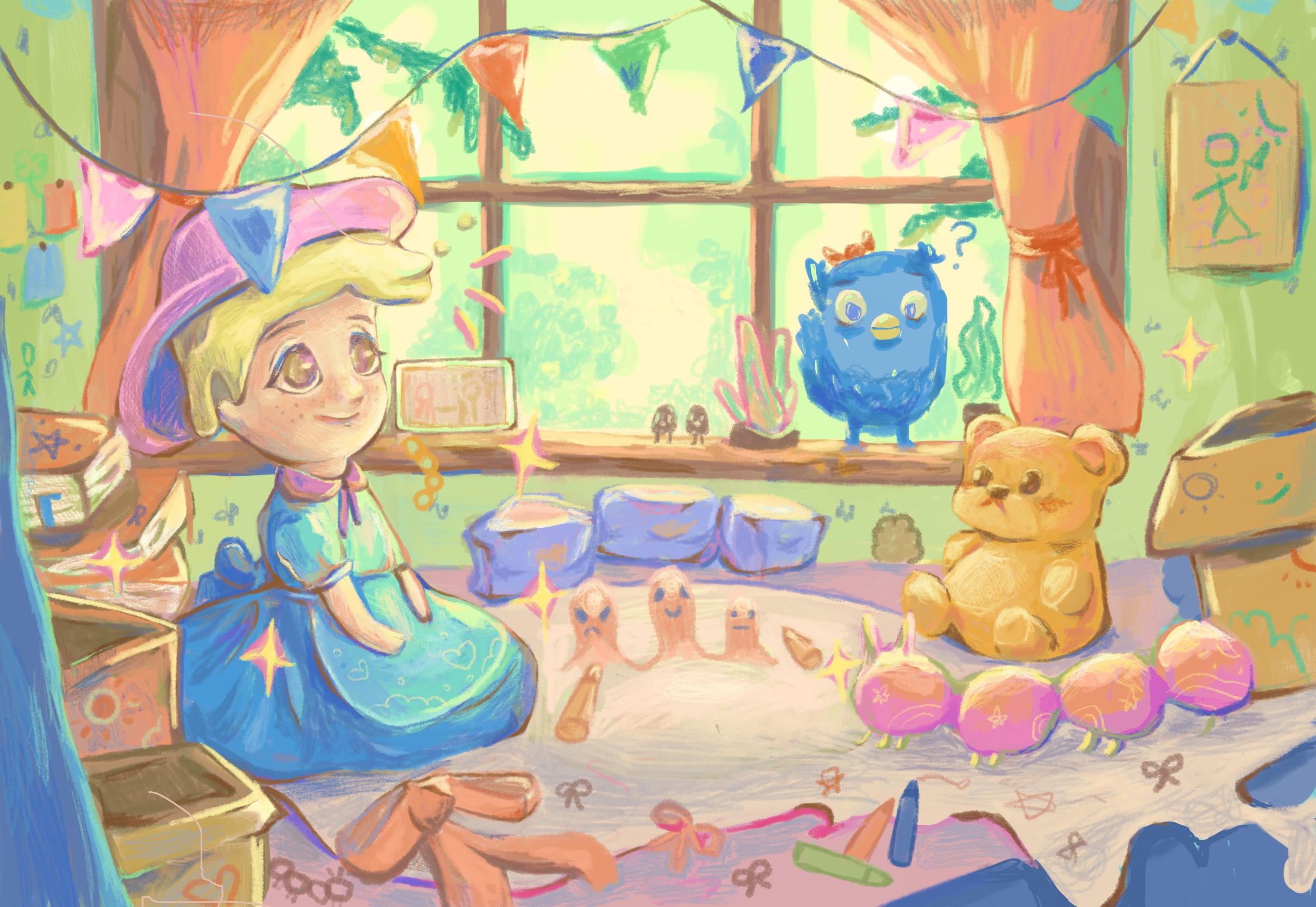 Colourful children's book scene with a young maker surrounded by imaginative creatures and craft materials
