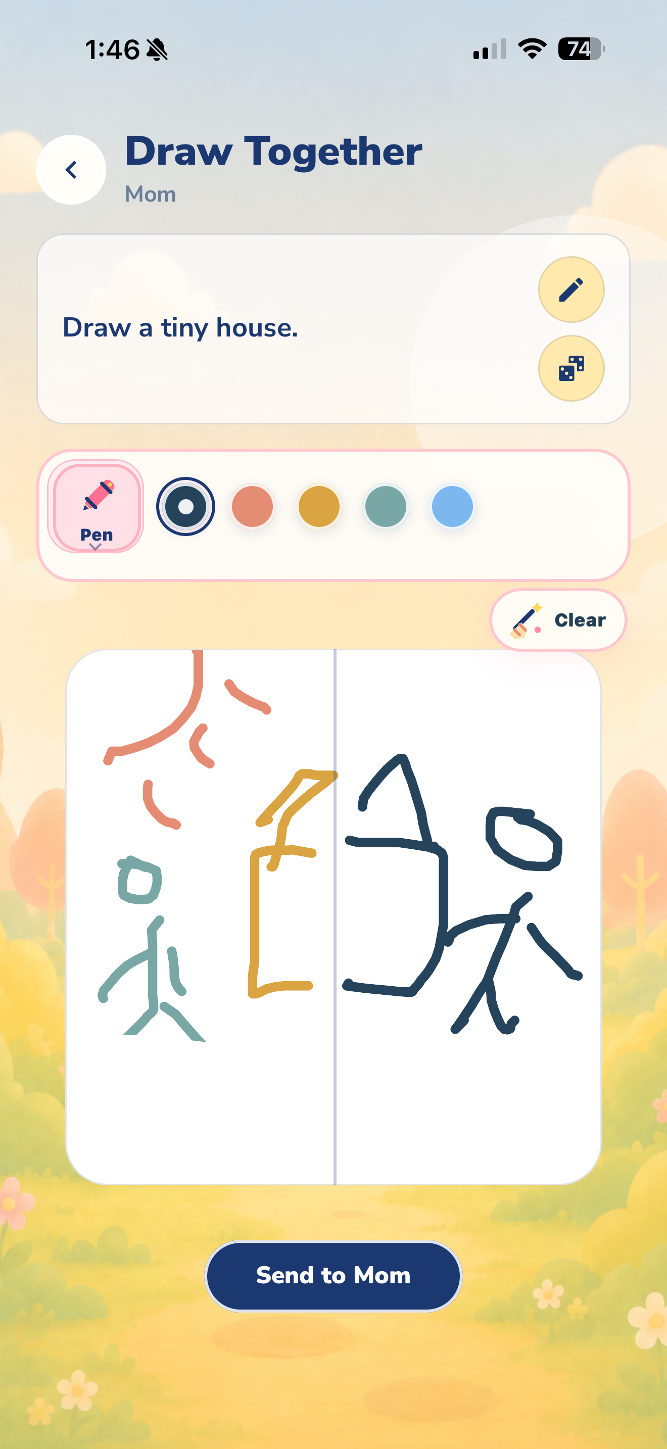 Draw Together split-canvas activity shared with Mom